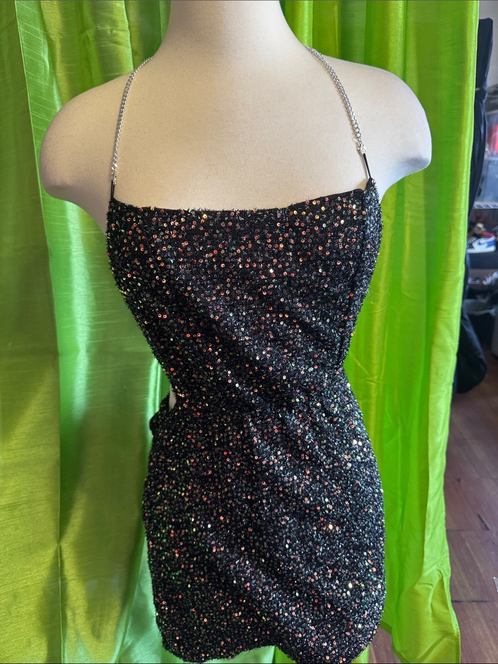 Black Sequin Mini Dress with Chain Straps